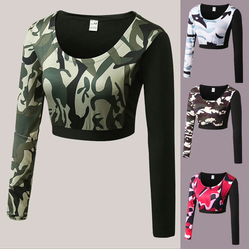 Модная женская камуфляжная футболка с круглым вырезом быстросохнущая длинным