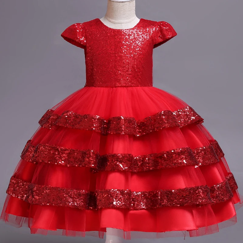 D1217-Red Pegeant/Детские платья с блестками и открытой спиной для девочек; платья принцессы для свадебной вечеринки; многослойные платья-пачки для первого причастия для маленьких девочек - Цвет: D1217-Red