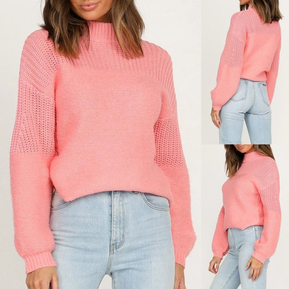 

2020 Women Solid Color Drop Shoulder Long Sleeve Knitted Sweater Pullover Solid Puff Sleeve Fine Knitting Sweater Pullover Women