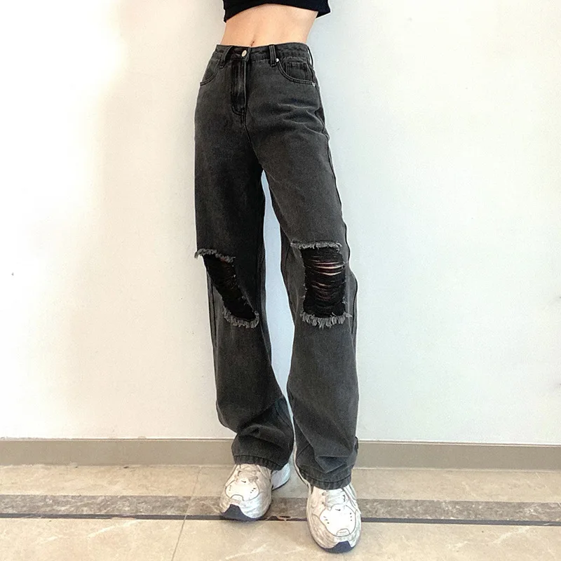 

Retro Goth Hole Denim Pants Women Casual High Waist Wide Leg Gray Long Pants Famale Street Punk Hip Hop Buttons Fashion Clubwear