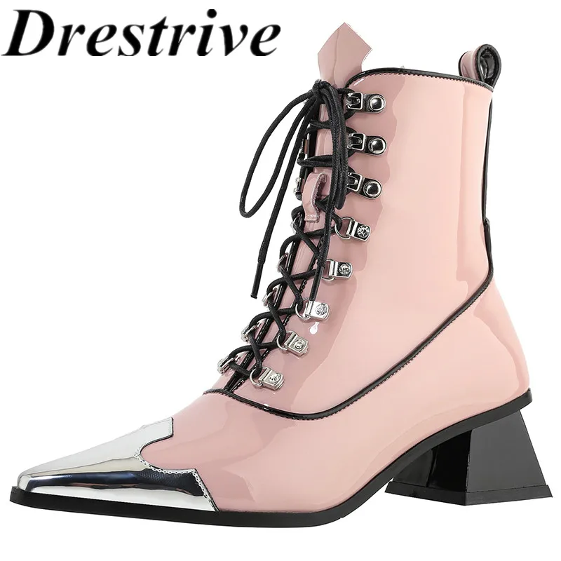 

Drestrive/женские ботильоны из лакированной кожи на толстом каблуке, на молнии, с металлическим острым носком, с перекрестной шнуровкой; Зимняя ...