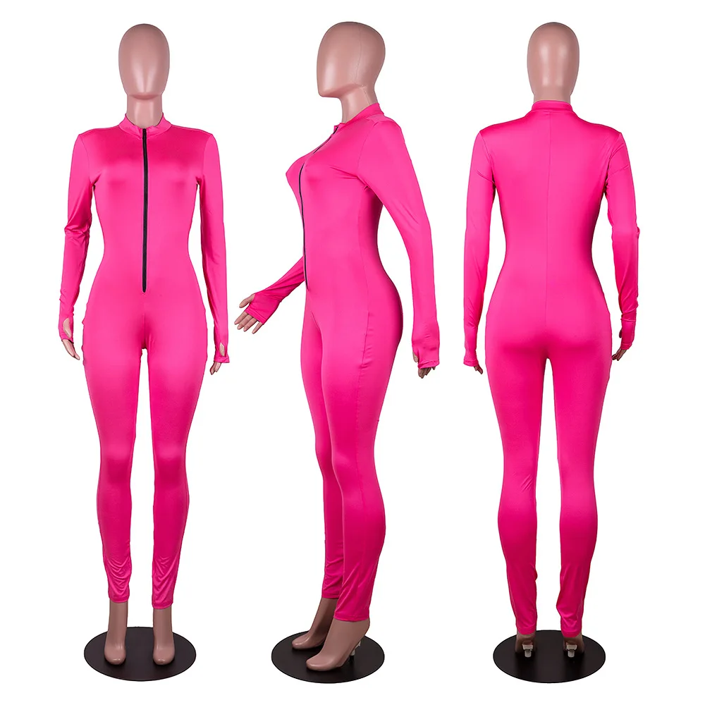 

Casual Women Stretchy Streetwear Jumpsuits Zippers Skinny Jumpsuit High Elasticity Bodysuit Outfits Body Jumpsuit