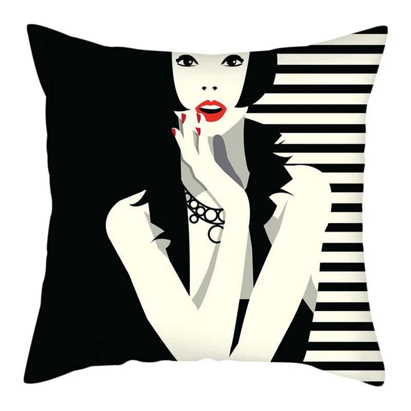 

Painting Fashion Girl Art Cushion Covers Black Stript Background Beauty Girls Cushion Cover Sofa Deco Pillow Case 45x45cm
