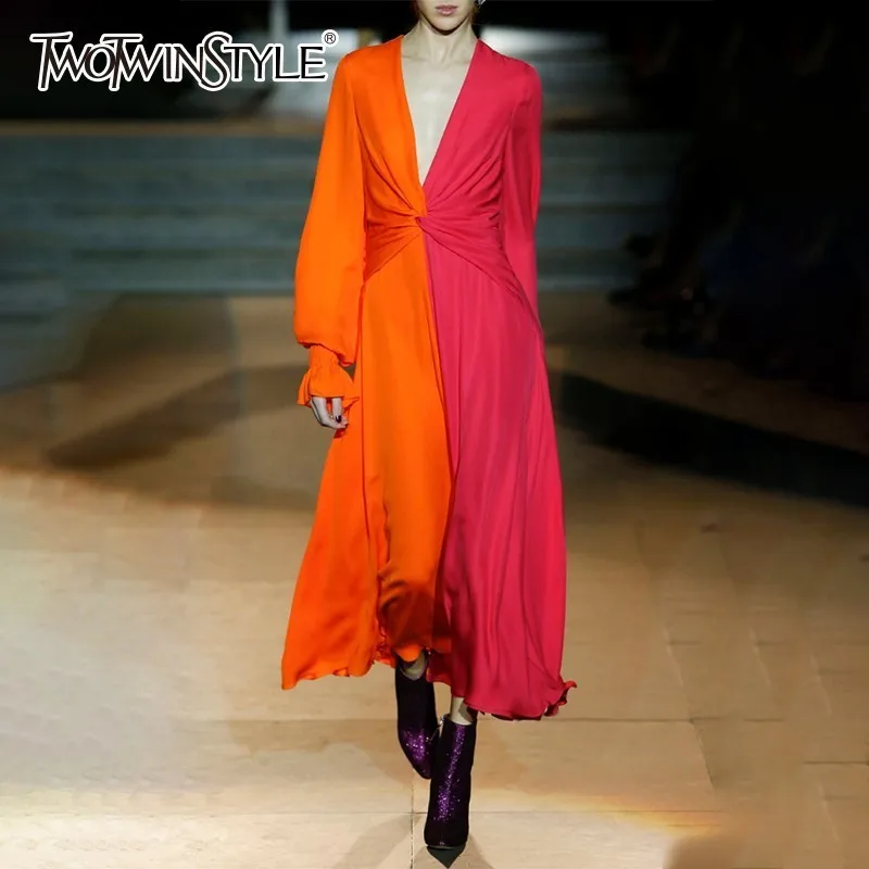 Женское лоскутное платье TWOTWINSTYLE разноцветное до щиколотки с v образным вырезом