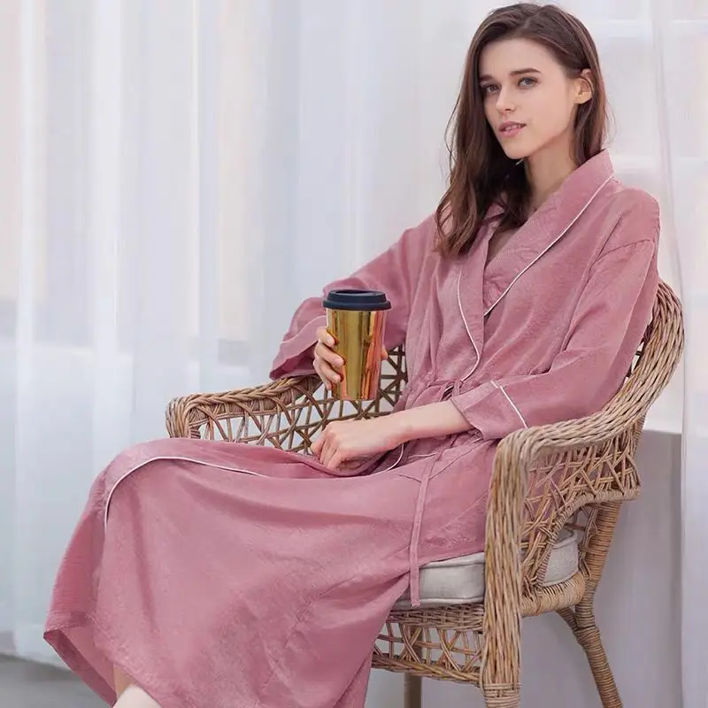 

Elegance Women Homewear Long Sleeve Dressing Gown Imitated Silk Bathrobe Cool Skin Nightwear Female Night Gown Leisure wear