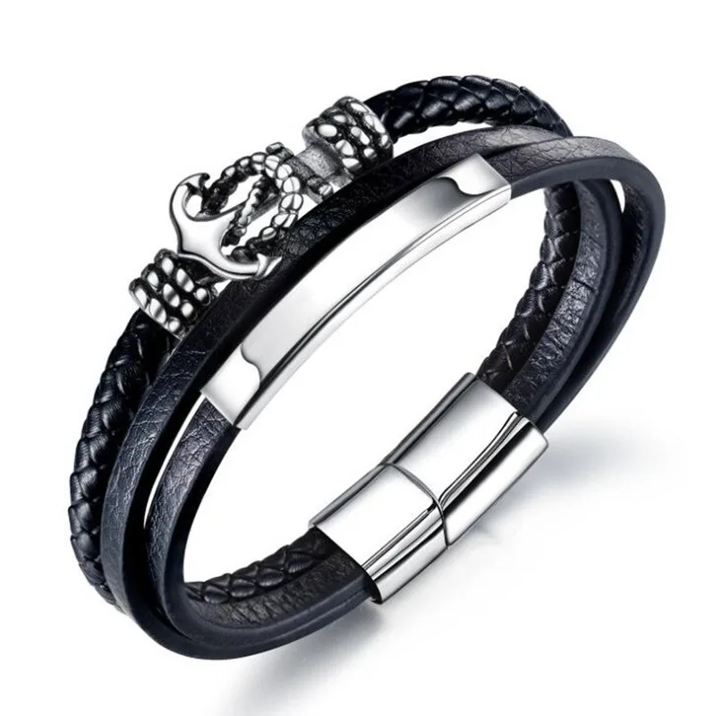 Модный Многослойный кожаный браслет высокого качества с металлическим якорем из