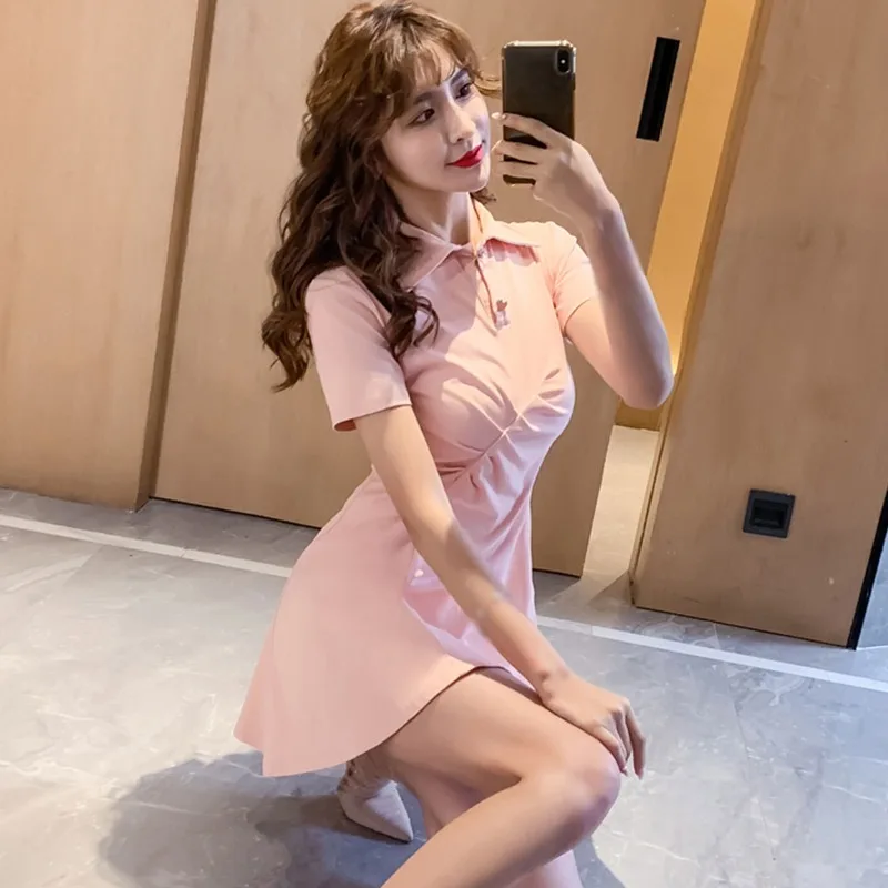 

Summer Short Sleeve Button Slim Dress Women Lapel Pleated Casual Short Dress Vestidos
