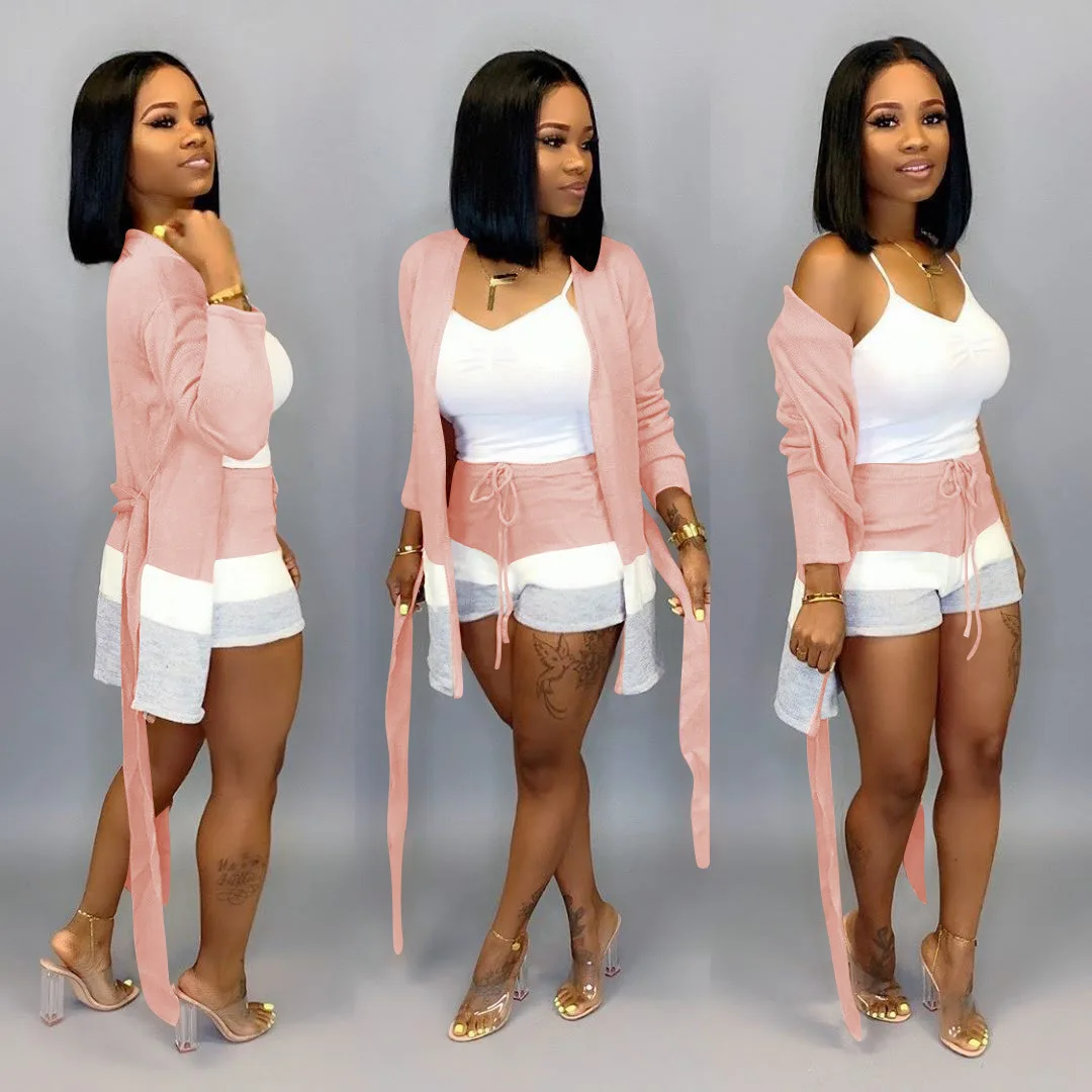 

Casual Two Piece Set Women Fall 2019 Clothing Long Sleeve Cardigan+Lace Up Shorts Streetwear Pink Outfit Matching Sets