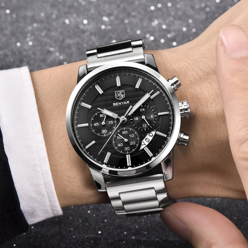 Часы мужские Reloj Hombre BENYAR часы Мужские кварцевые Хронограф Спортивные часы лучший бренд Модные кожаные мужские часы