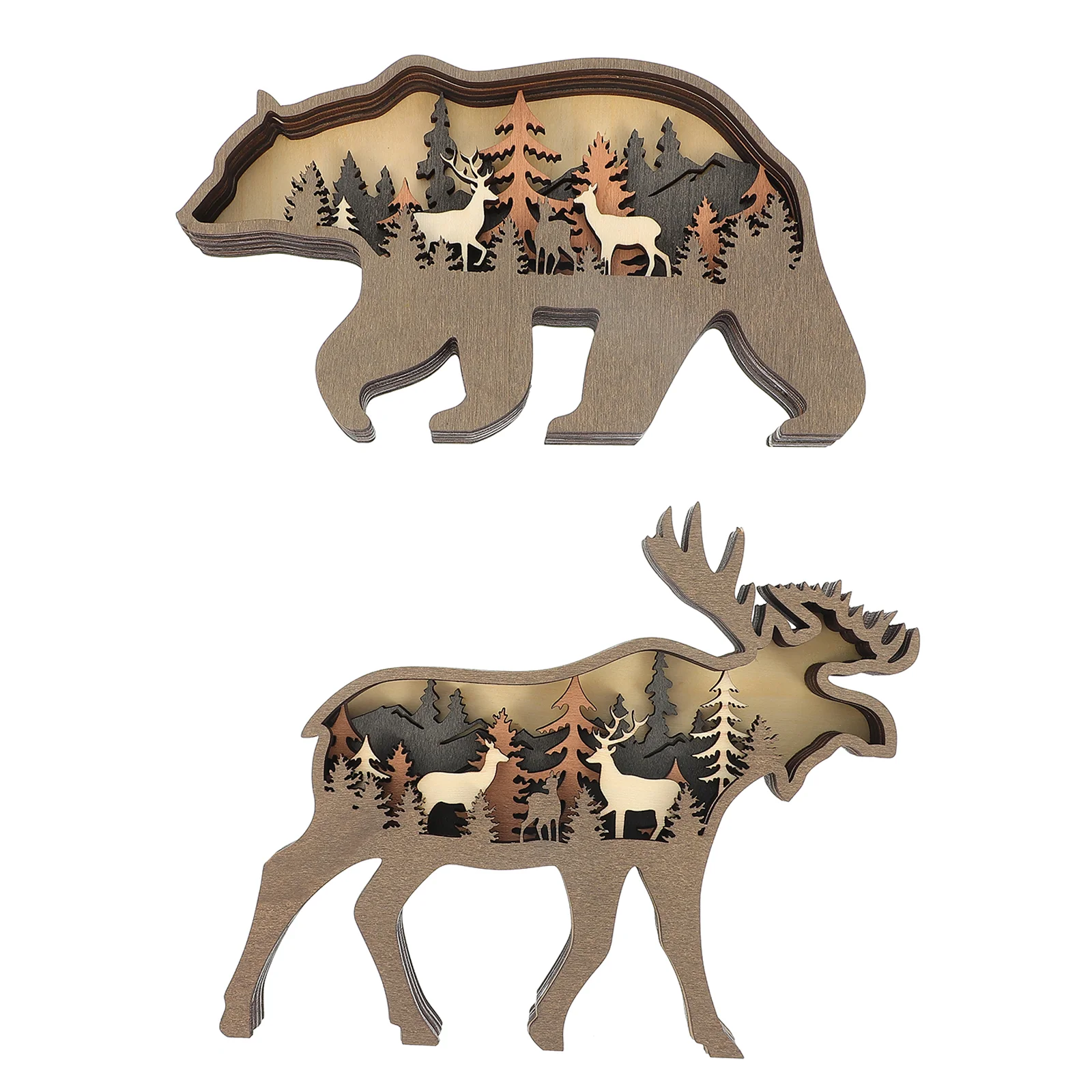 

2Pcs Christmas Wood Deer Figure Bear Figurine Wooden Crafts Xmas Party Favors