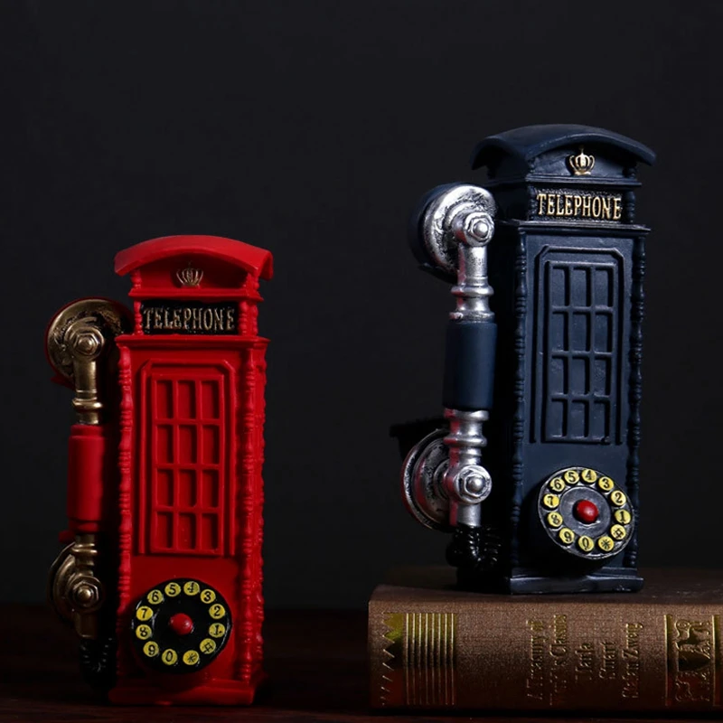 

21CM European Resin Telephone Booth Figurines Home Living Room Wine Cabinet TV Decorations