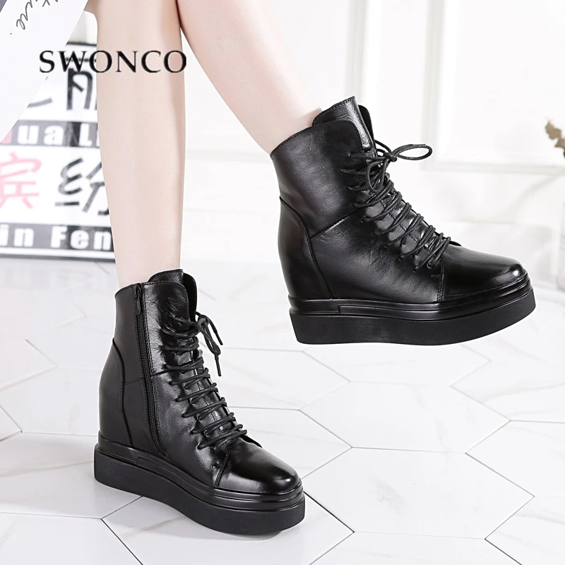 

SWONCO Cowhide Leather Shoes Women Ankle Boots Platform 2019 Autumn New Female Casual Shoes Chunky Heel Sneakers Martin Boots