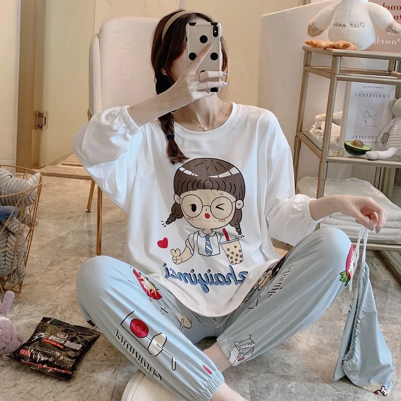 

2020 Autumn/winter Women's long-sleeve pajama set cute cartoon graphic fashion home pajama pink girl style Kawaii pajama