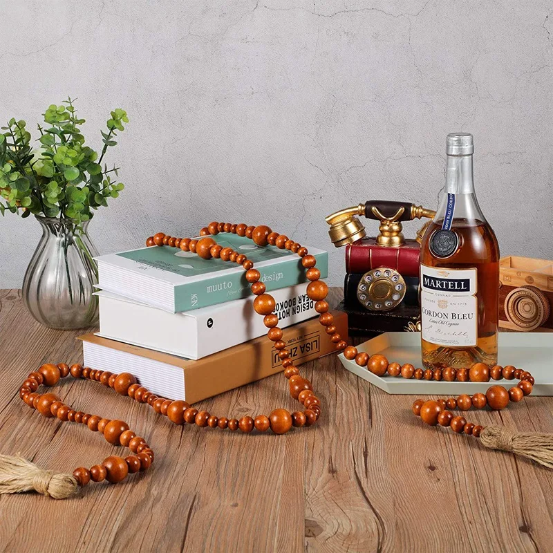 

Wood Bead Garland with Tassels,Farmhouse Wooden Bead Garland Prayer Beads Garland Tray Decor Wall Hanging Garland Brown