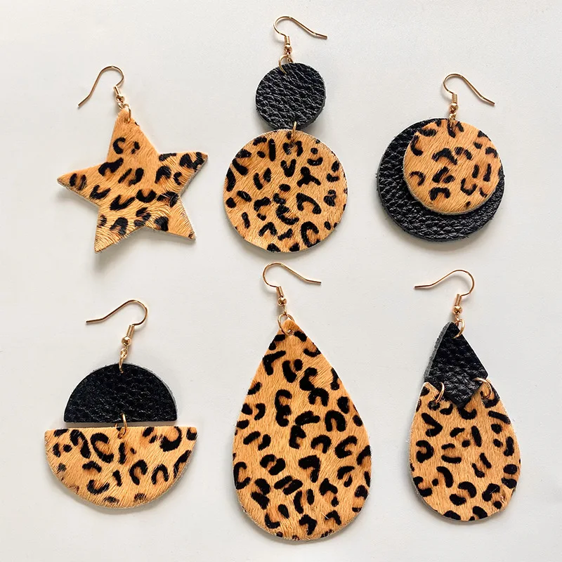 

European Style Dark Leopard Print Stitching Horsehair Real Leather Earrings Creative Round Geometric Retro Earrings