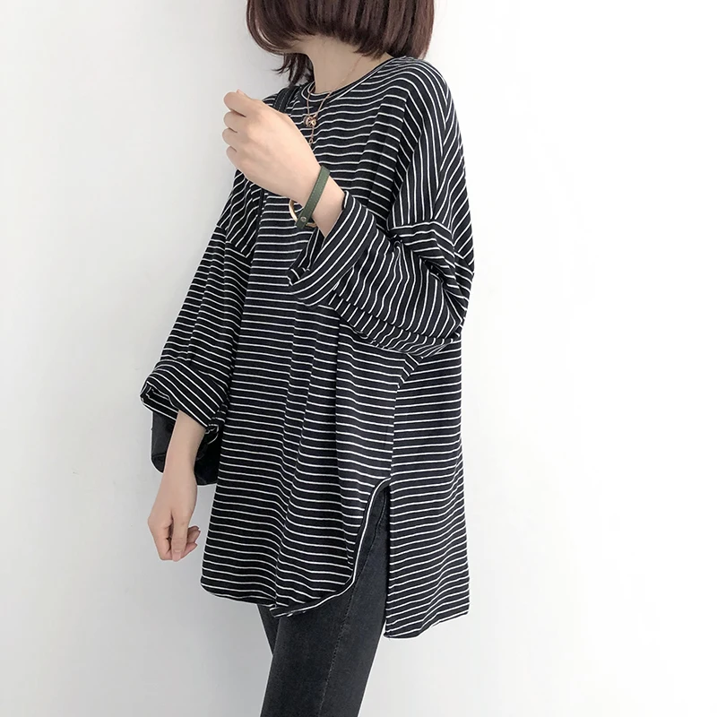 Женская Полосатая хлопковая футболка новинка 2020 весна осень круглый вырез