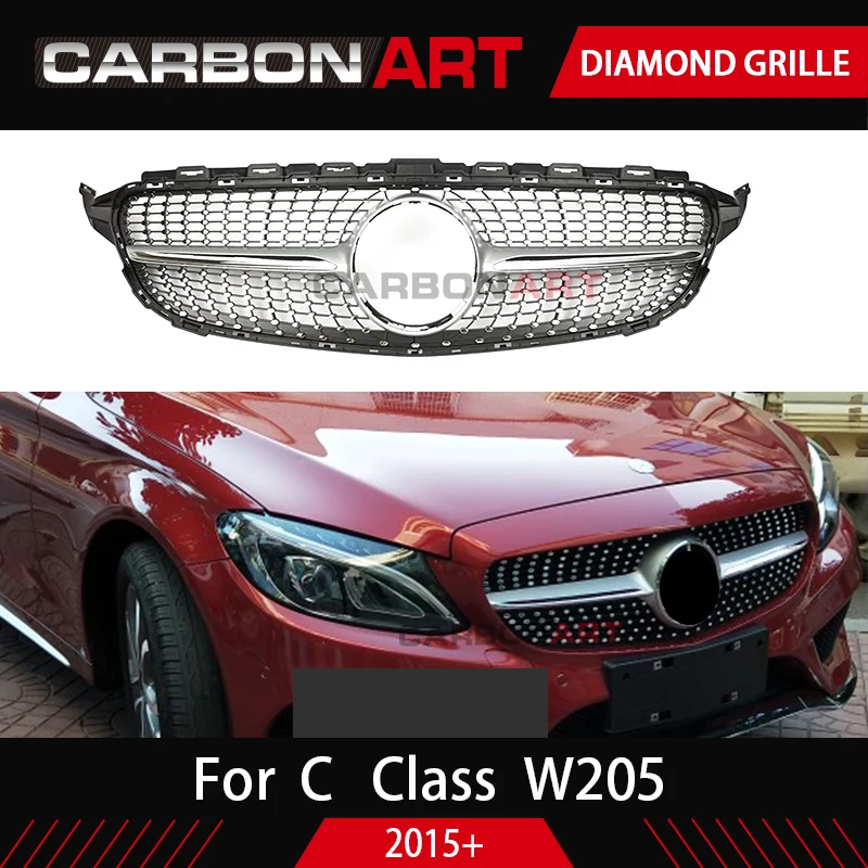 Алмазная решетка C класса W205 для Mercedes ABS черная без/с отверстием камеры C63 look C-class