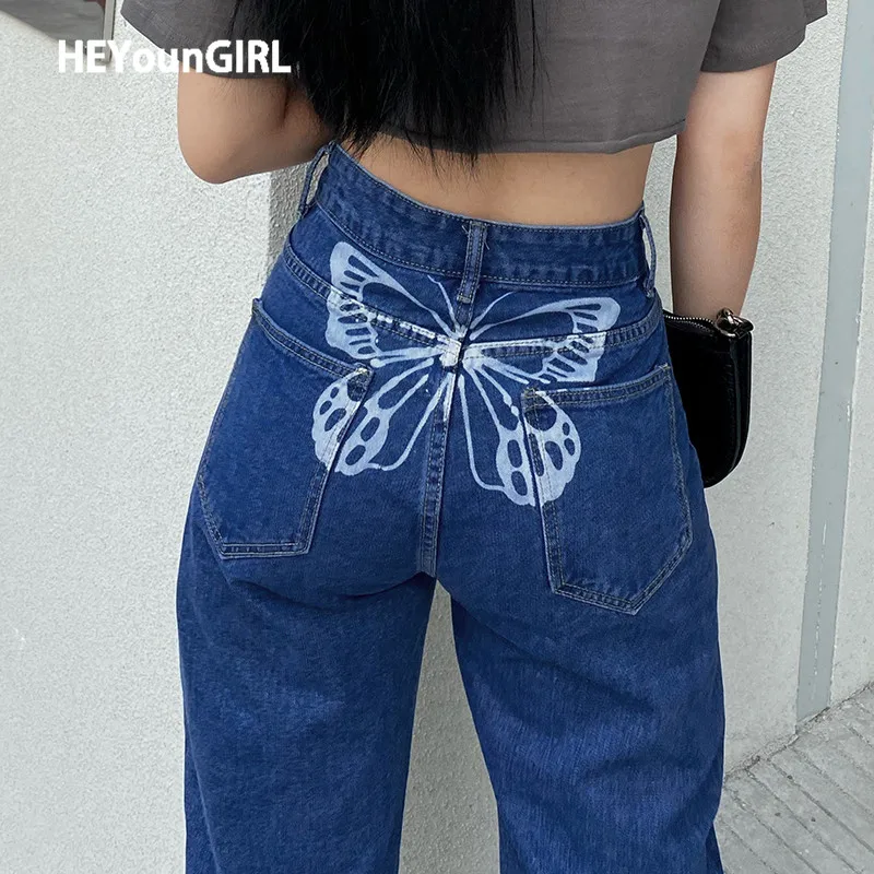 

HEYounGIRL, повседневные женские джинсы с принтом бабочки, джинсовые брюки, Капри с высокой талией, уличная одежда с карманом, Длинные прямые брю...