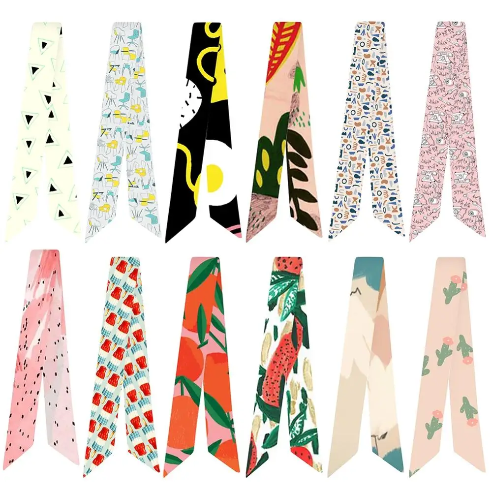 

New Scarf Small Fresh Fruit Pattern Printing Variety Scarves Ribbon Small Bag Handle Wrap Mixed Design Girls Hair Band Scarf