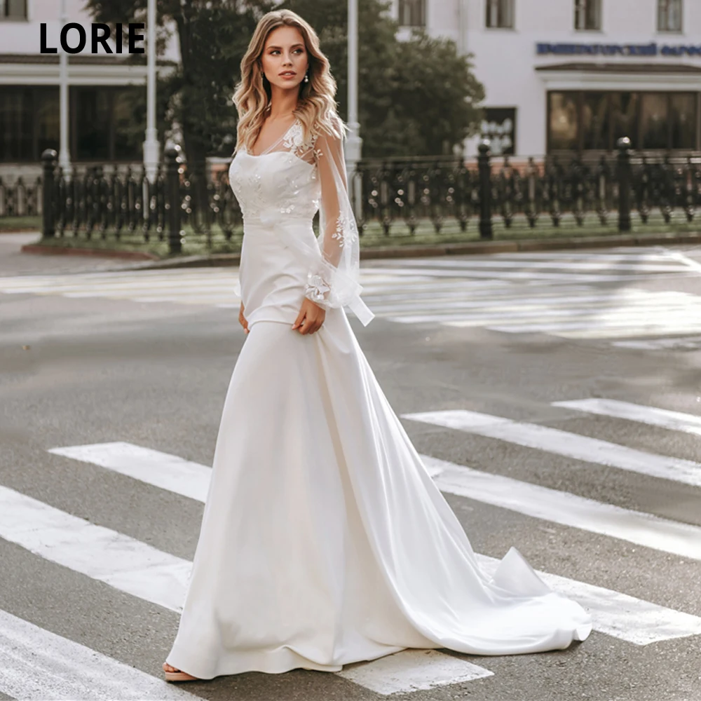 

LORIE Princess White Wedding Dresses with Puffy Sleeve Lace Appliques Beach Bride Dress Soft Satin Sheath Wedding Gown illusion