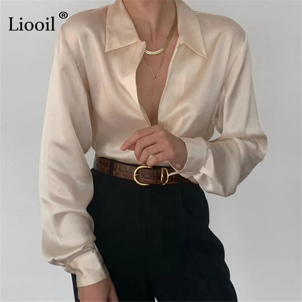 

Liooil Sexy Satin Baggy Shirts Button Up Tops Women 2021 Streetwear Long Sleeve Turndown Collar Black Red Khaki Loose Blouses