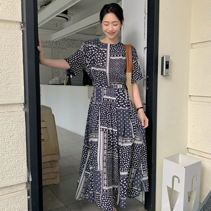 

HANGBEIGANG 2021 Ретро фольклорное Цветочное платье женское корейское модное летнее платье средней длины с высокой талией и коротким рукавом