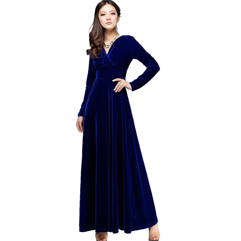 Autumn women's long sleeve dress winter Gold velvet Extra V-neck dresses | Женская одежда