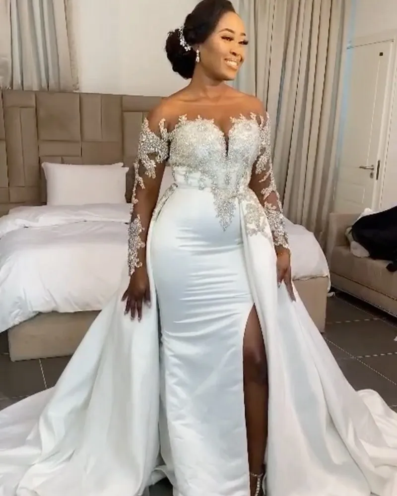 

Aso Ebi Wedding Dresses With Satin Overskirt Slit Bridal Gowns Plus Size Long Sheer Sleeve Crystals Beaded Vestido De Mariage