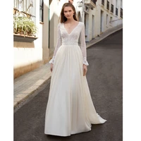 boho bow lace up backless a line wedding dress 2022 netting bridal gown full flare sleeve sweep v neck lace floor length vestido