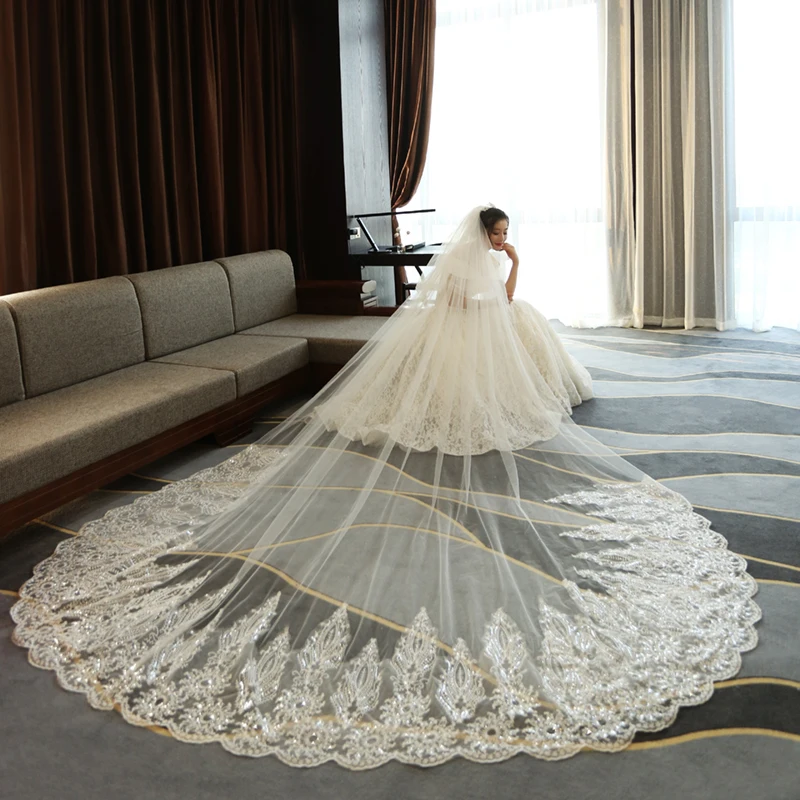 3 Meter White Ivory Cathedral Wedding Veils Long Sequins Lace Edge Veil With Comb Accessories Bride Veu | Свадьбы и торжества