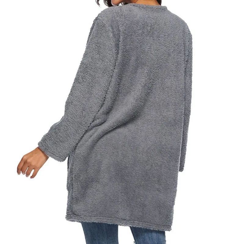 

Cardigan Female Autumn Winter Plush 2020 Long Sleeve Cardigan Pocket Outwear Women Clothing Single Breasted Solid Loose Coat
