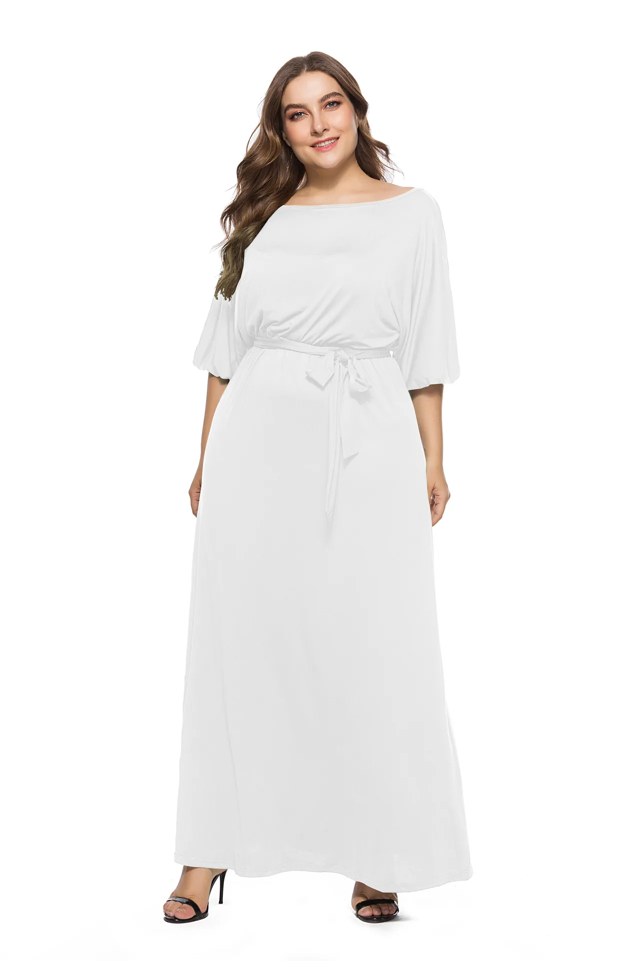 

Plus Size Dress The New Women's Sexy Dress with One-line Collar and Mid-sleeve Tie Up
