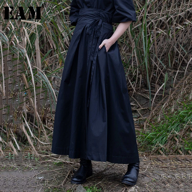 

Женская юбка с высокой талией EAM, черная плиссированная юбка комбинированного кроя с большим подолом, весна-лето 2021