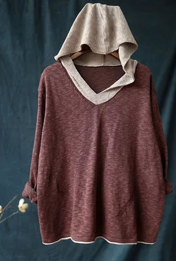 Coffee red Johnature, Женский пуловер с капюшоном, свитер, 7 цветов, длинный рукав, осень, новинка, пэчворк, цветной, вязанный, хлопок, женский, корейский свитер - Цвет: Coffee red