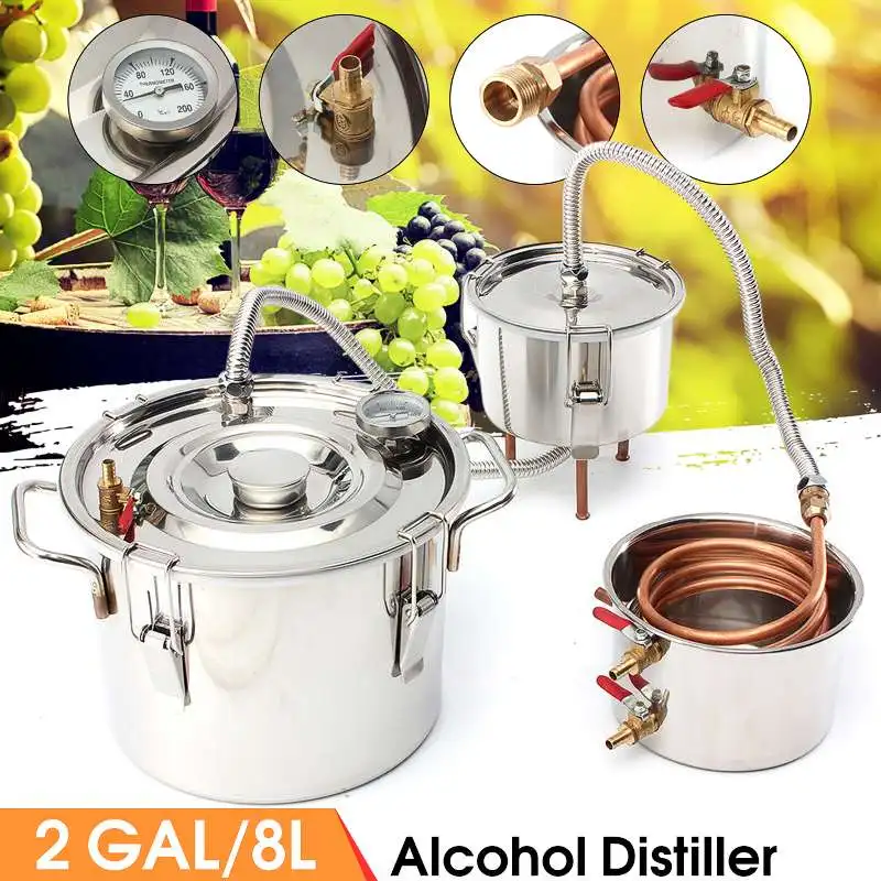 

Дистиллятор объемом 8 л, 2 галлона, Alambic Moonshine, алкоголь из нержавеющей меди, самодельный набор для домашнего пивоварения, воды, вина, эфирного ...