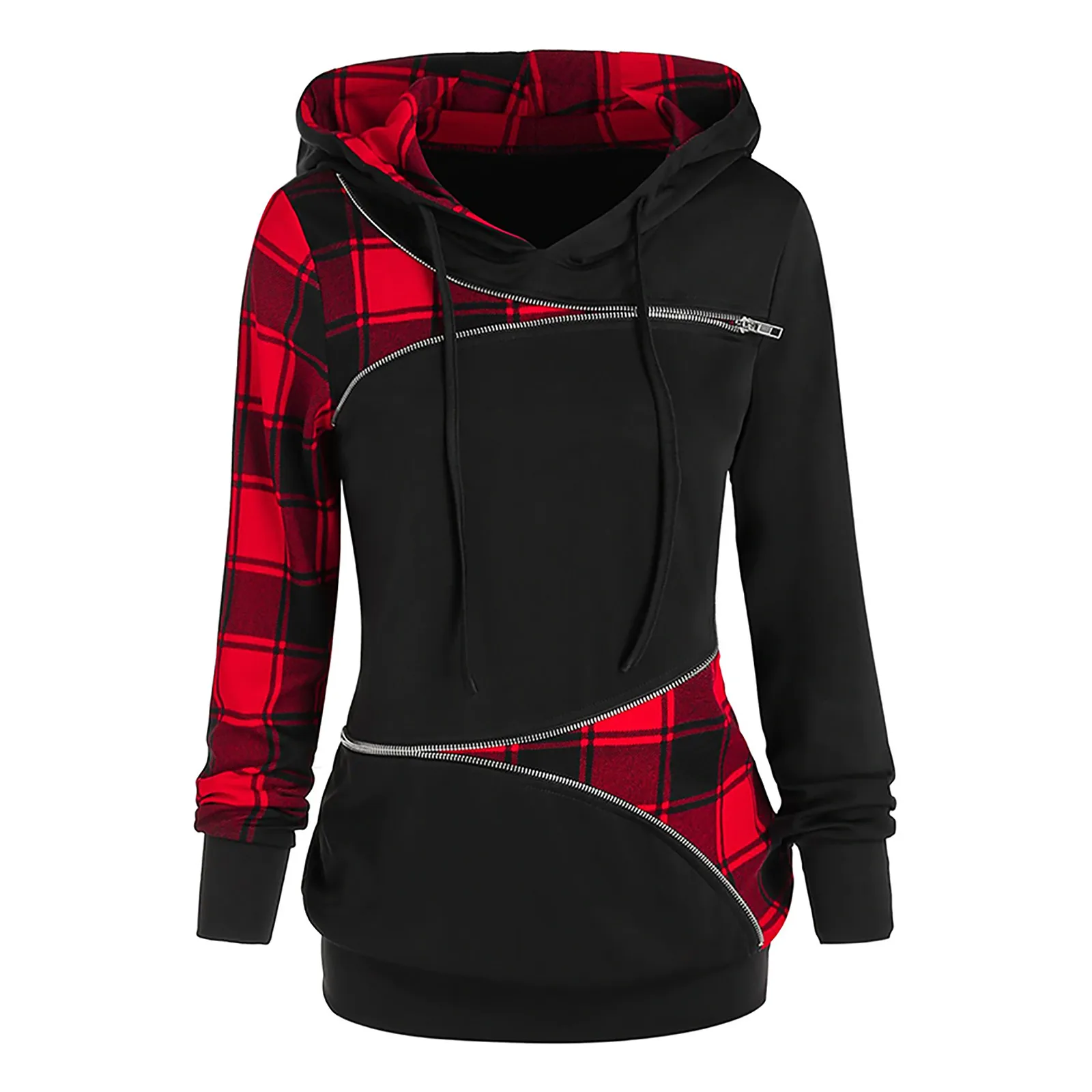 

Fashion Plaid Tunic Blouse Oversized Zipper Design Punk Hoodie Casual Winter Ladies Tops Female Women Long Sleeve Shirt Blusas
