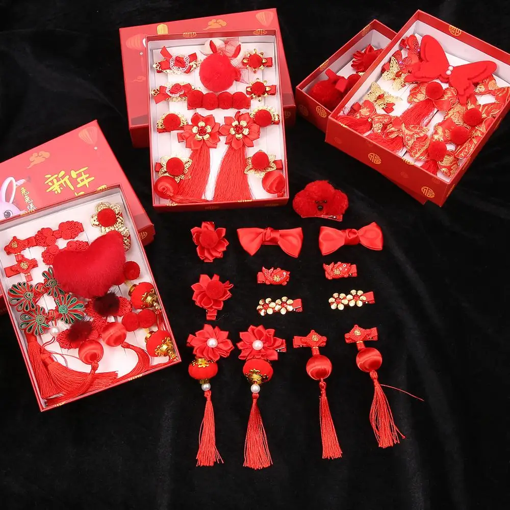 7 шт./кор. Happy Новый год Китайский Винтаж зимние Набор аксессуаров для волос заколка заколки ящик