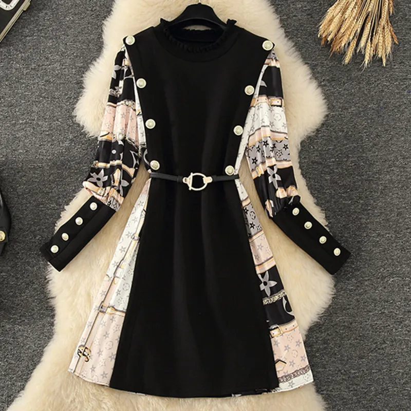 

Женское офисное платье с длинным рукавом, черное приталенное Деловое платье с поясом и принтом, Осень-зима 2021