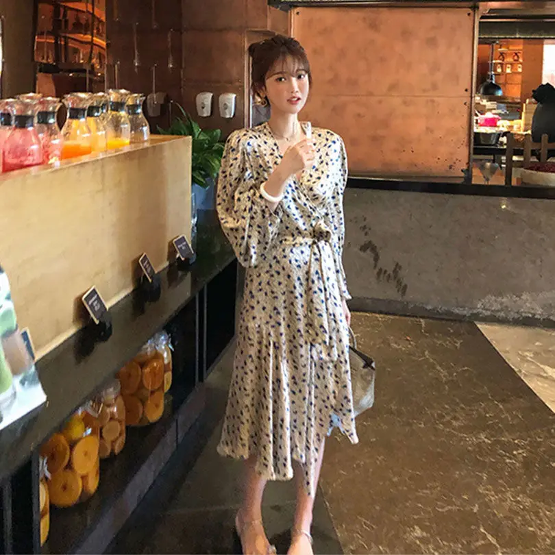 

Casual Floral Dress Women Elegant Retro Designer Praty Dress Irregular Office Lady Korean One-piece Dress 2020 Women's Autumn