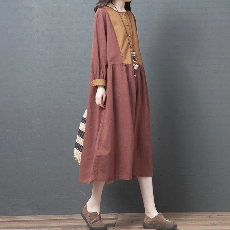 Художественное контрастное лоскутное Хлопковое платье в стиле ретро с длинным