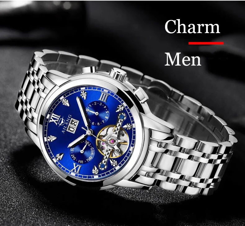 AILANG часы мужские люксовый бренд из нержавеющей стали Tourbillon несколько функций водонепроницаемые механические мужские часы