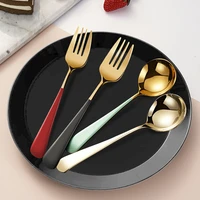 stainless steel round spoon tip fork adult children tableware portable picnic travel dinnerware kitchen utensils with box