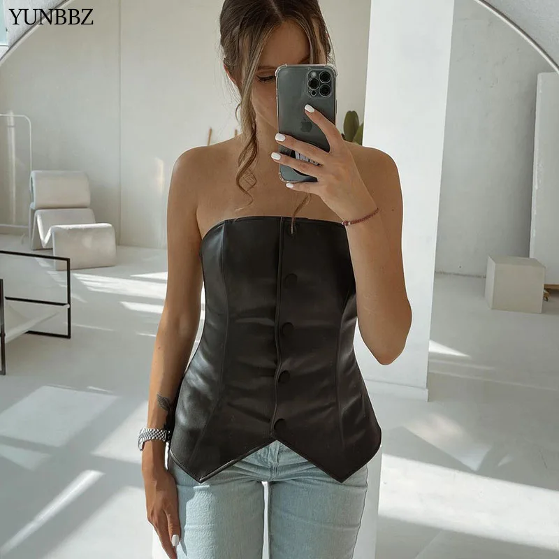 

Сексуальный черный корсет YUNBBZ из искусственной кожи, верхняя женская одежда для клуба, эстетическая одежда y2k, облегающие кроп-топы