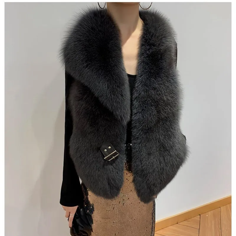 FURSARCAR 2021 New Real Natrual Fox Fur Vest Women Winter Thick Fur Waistcoat Fashion Genuine Motorcycle Leather  Fur Gilet