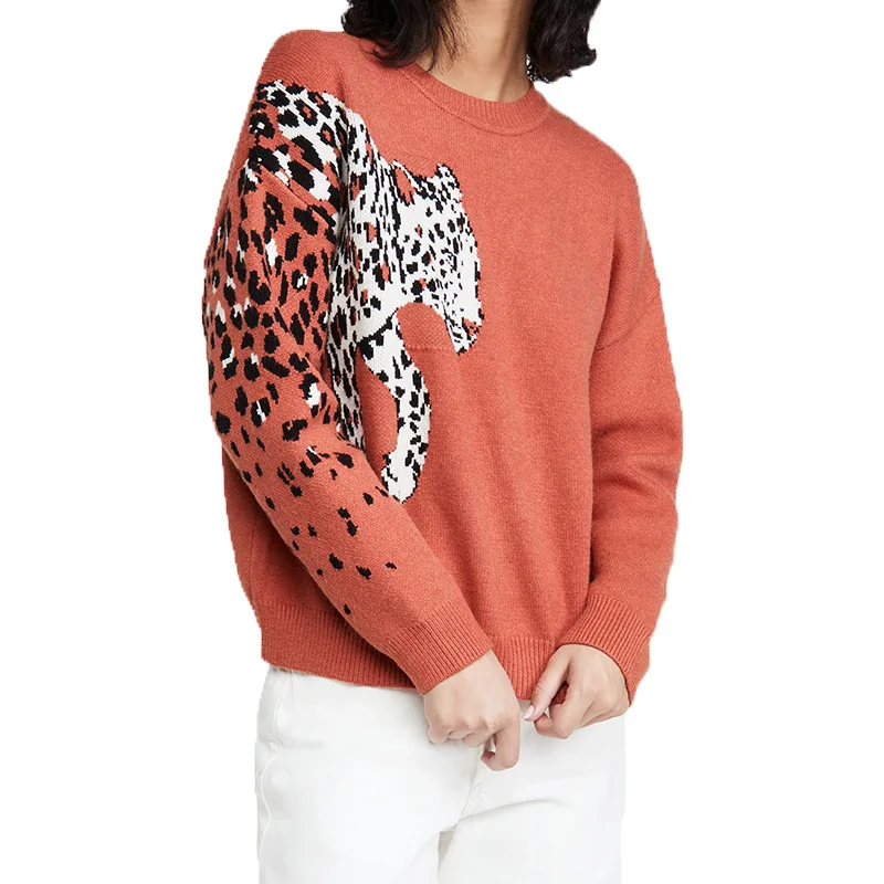 

Women Sweater Pullover Fashion Knitted Sweater Autumn Winter Long Sleeve Leopard Office Casual Loose Plus Female Sueter De Muyer