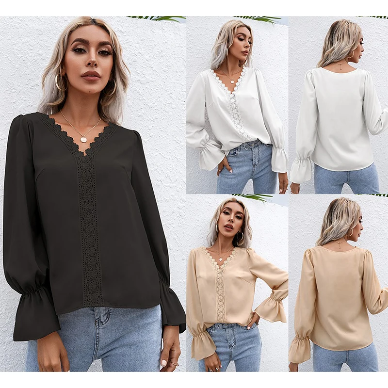 

Women's Shirt 2021 Autumn New V-Neck Cut Out Lace Long Sleeve Shirt Lady's White Black OL Shirt Women Apricot Temperament Top