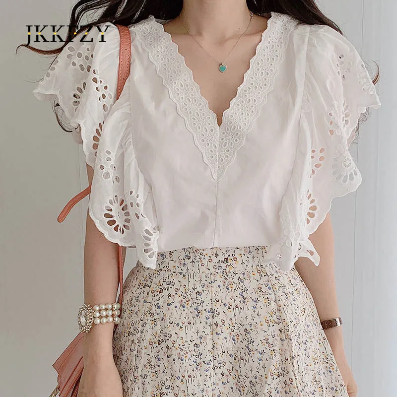 

White Casual Blouses Woman Hollow out Flying Sleeves Deep V-Neck Clavicle Exposed Elegant Shirts Ladies Top