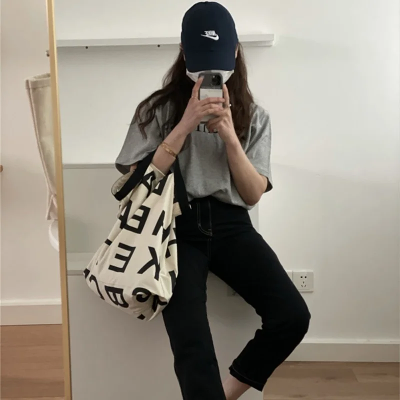

Women's Canvas Casual Tote Shoulder Bag Stylish Waterproof Shopping Cloth Bags Foldaway Travel Bag Letter Print Handbag