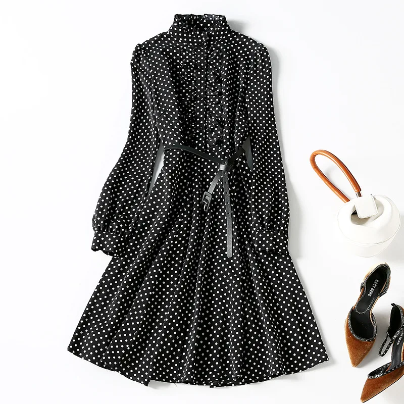 

2021 spring and summer cardigan mid waist wave point sexy mid long skirt fashion stand collar ethnic style hollow out dress