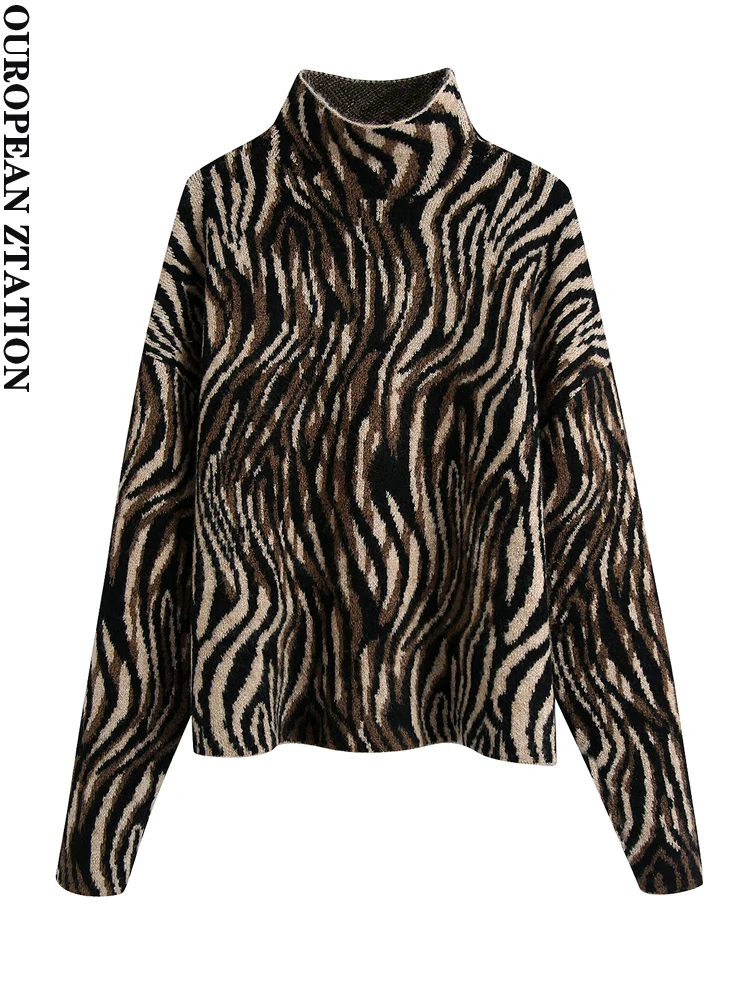 

Женский винтажный жаккардовый свитер za, Свободный вязаный пуловер с высоким воротником и длинным рукавом, с животным принтом, 2021